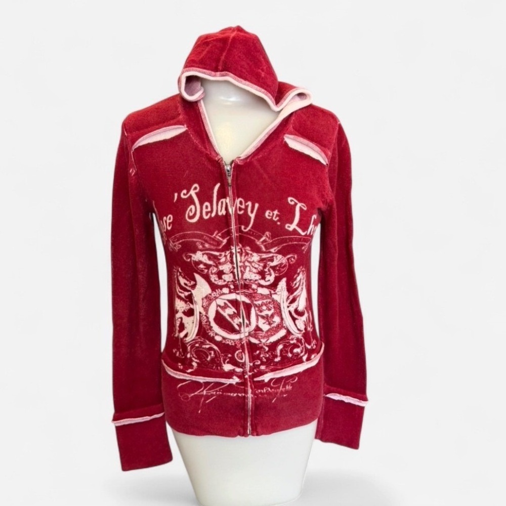 Klovis Zip Up Hoodie Red Pink‎ Graphic Rose Selavy Art Y2K Womens Medium